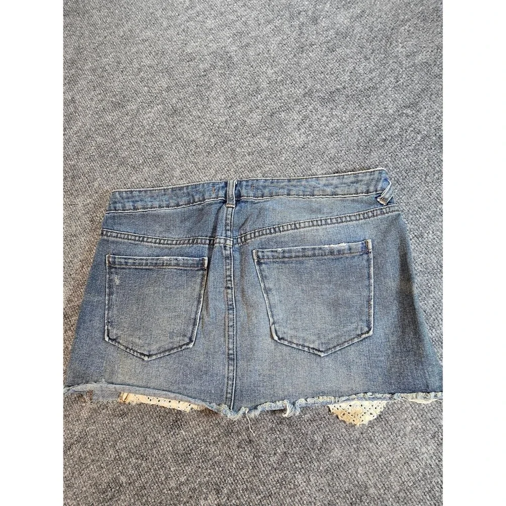 Free People Denim Mini Skirt Womens 6 Blue Lace Inset Boho Festival